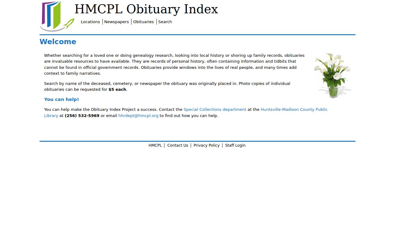 Huntsville previous residents search in the HMCPL obituary index